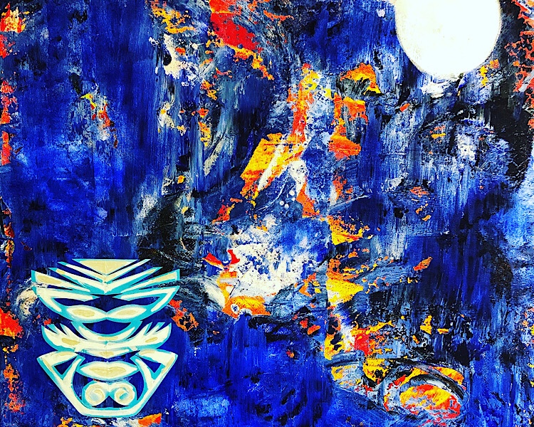 Acrylbild in Blau und Orange mit Scherenschnitt
