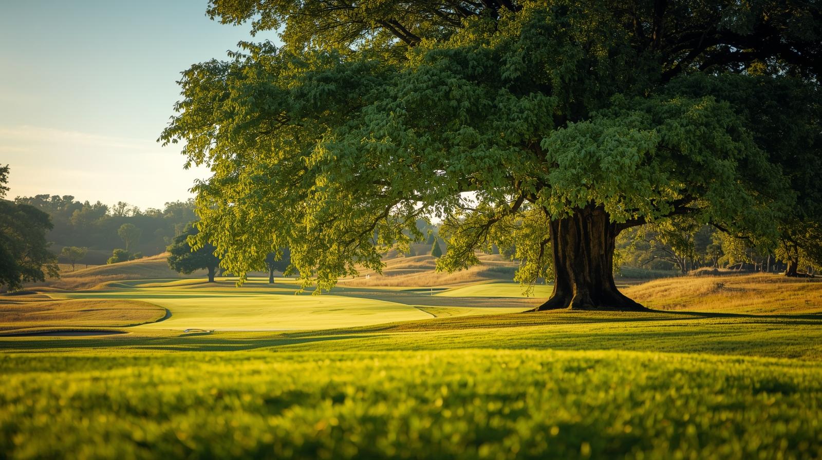 IMG_4367 Ein grosse alte Linde auf einem Golfplatz, der von Sonne beschienen wird